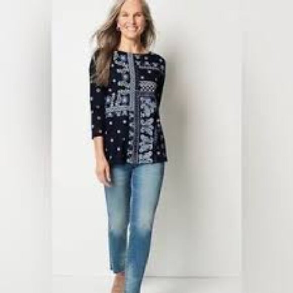 Jill Flagstaff Embroidered Patchwork Top Size Petite Small Navy Blue - Picture 1 of 13